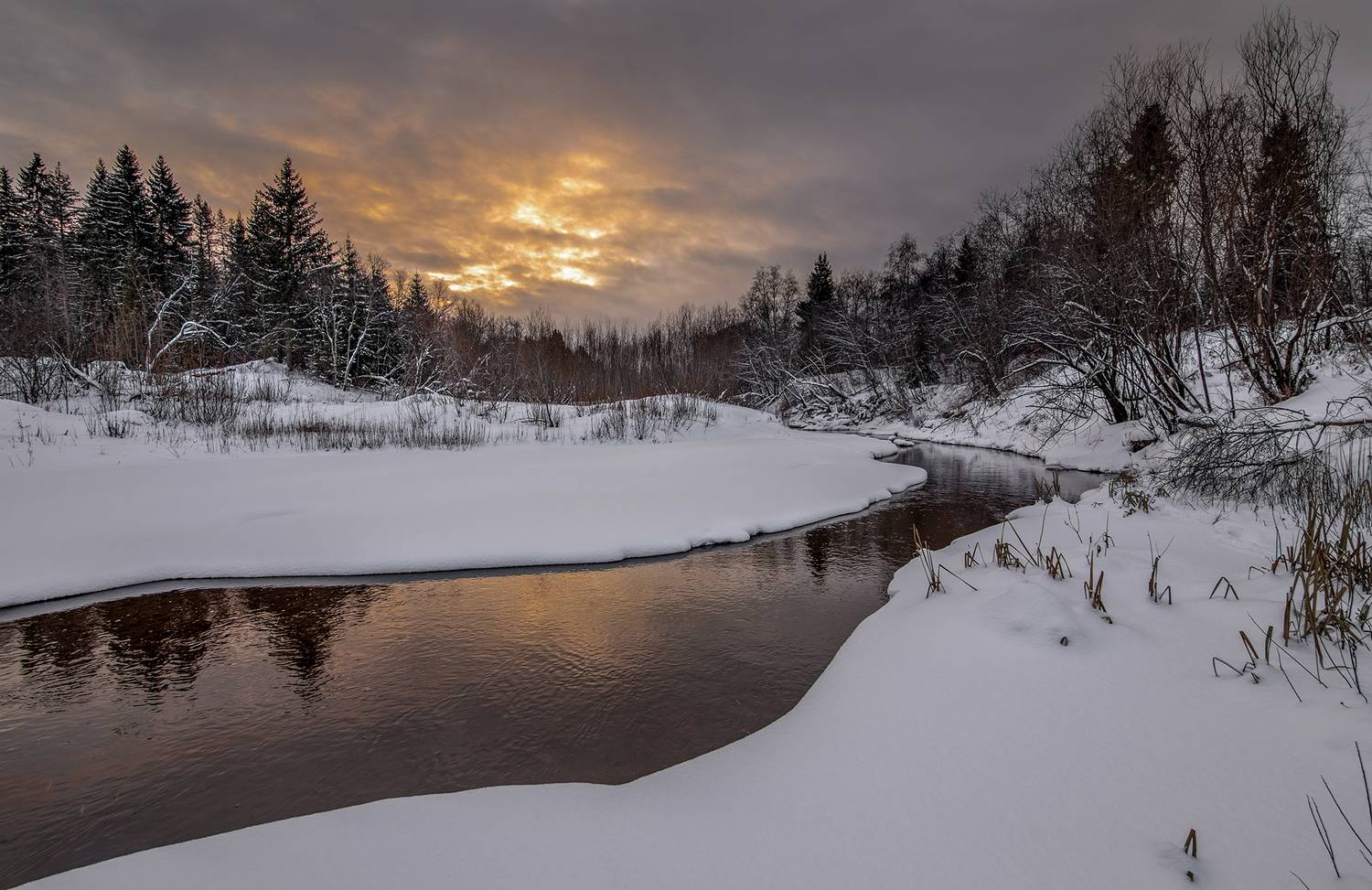 речка, зима, снег, день, лес, кустарник, небо, отражение, Анкудинов Леонид