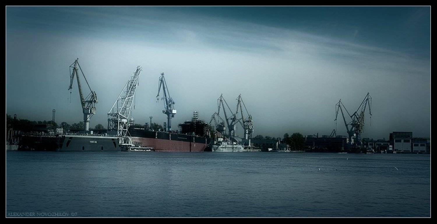 журавли, набережная, порт, пейзаж, город, небо, Zerkalka