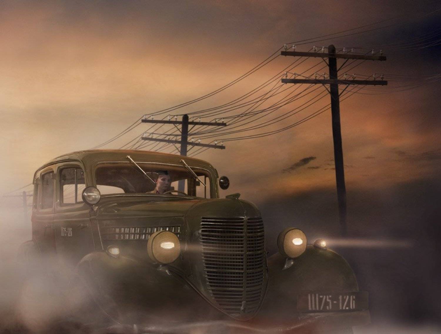 газ-м1, лекковой, автомобиль, столбы, провода, закат, Boji