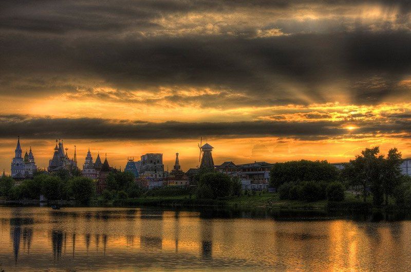 закат, озеро, солнце, мельница, сказка  фото превью