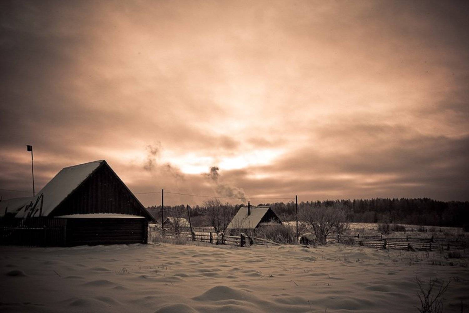 деревня, зима, труба, дым, снег, рассвет, Станислав Дроздов