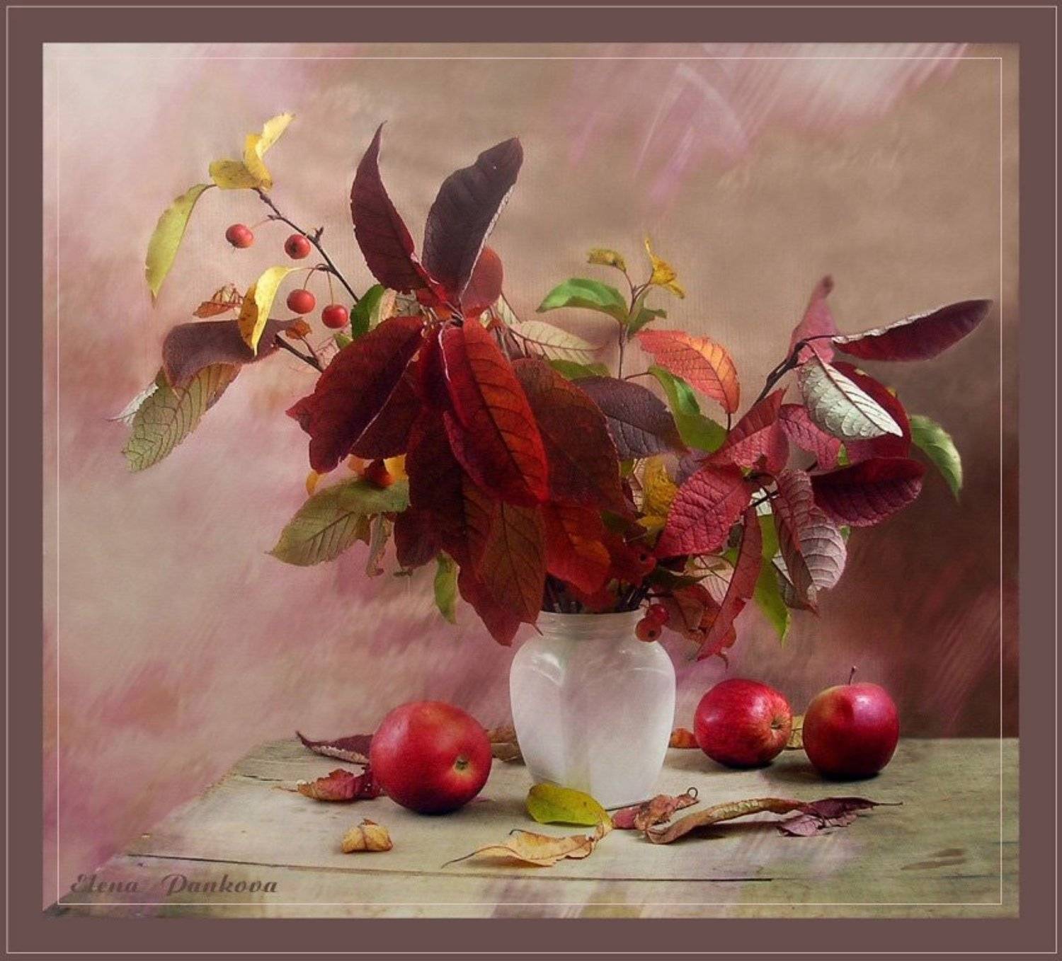 натюрморт, осень, листья, яблоки, Elena Pankova