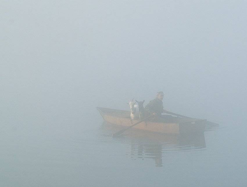 осень, река, туман, лодка, мужик, козы, тишина, Андрей Алексеев