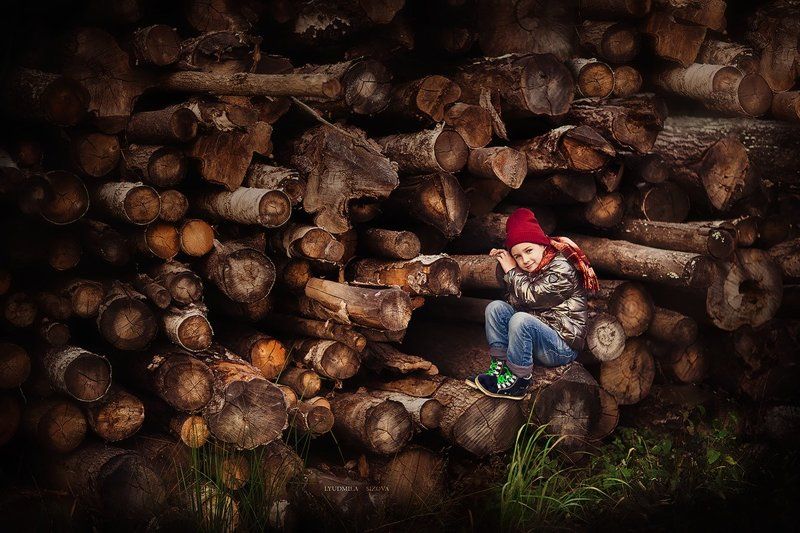 лес,деревья,мальчик на бревнах фото превью