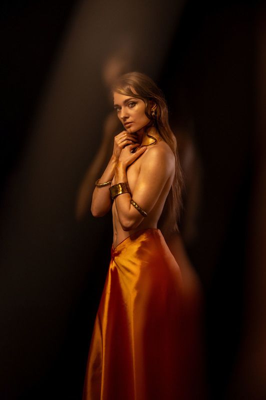 девушка, золото, оранжевый, размытие  фото превью