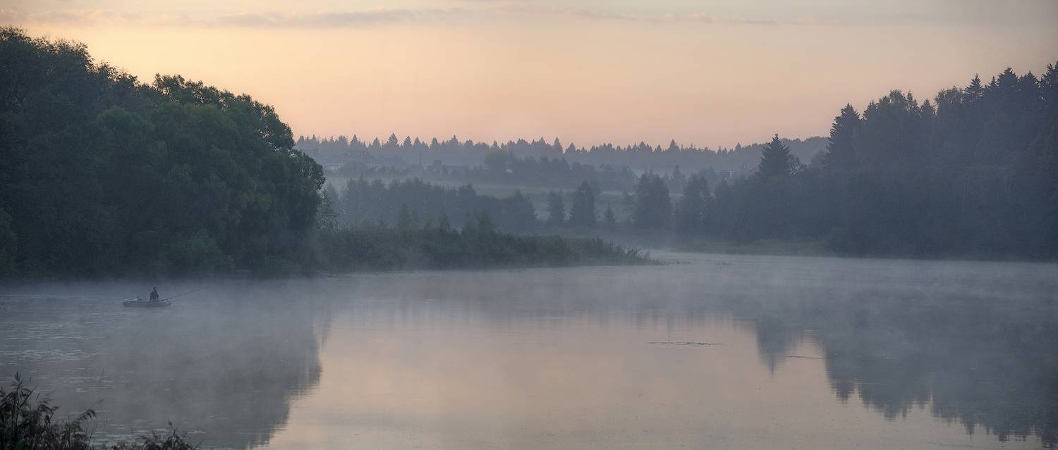 Озеро, утро, лодка, рыбак, туман, восход, заря, Сергей Аникин