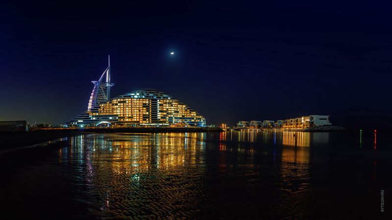 панорама, ночь, hotel, парус, отель, ночной, дубай, отдых, burj al arab hotel, jumeirah beach hotel, дубай, объединенные арабские эмираты, оаэ, dubai, uae, бурдж-эль-араб, джумейра-бич-отель, побережье, персидский залив, пляж, песок, песчаный, путешествие Burj Al Arab и Jumeirah beach hotel ночью. Дубай. Объединенные Арабские эмираты. фото превью