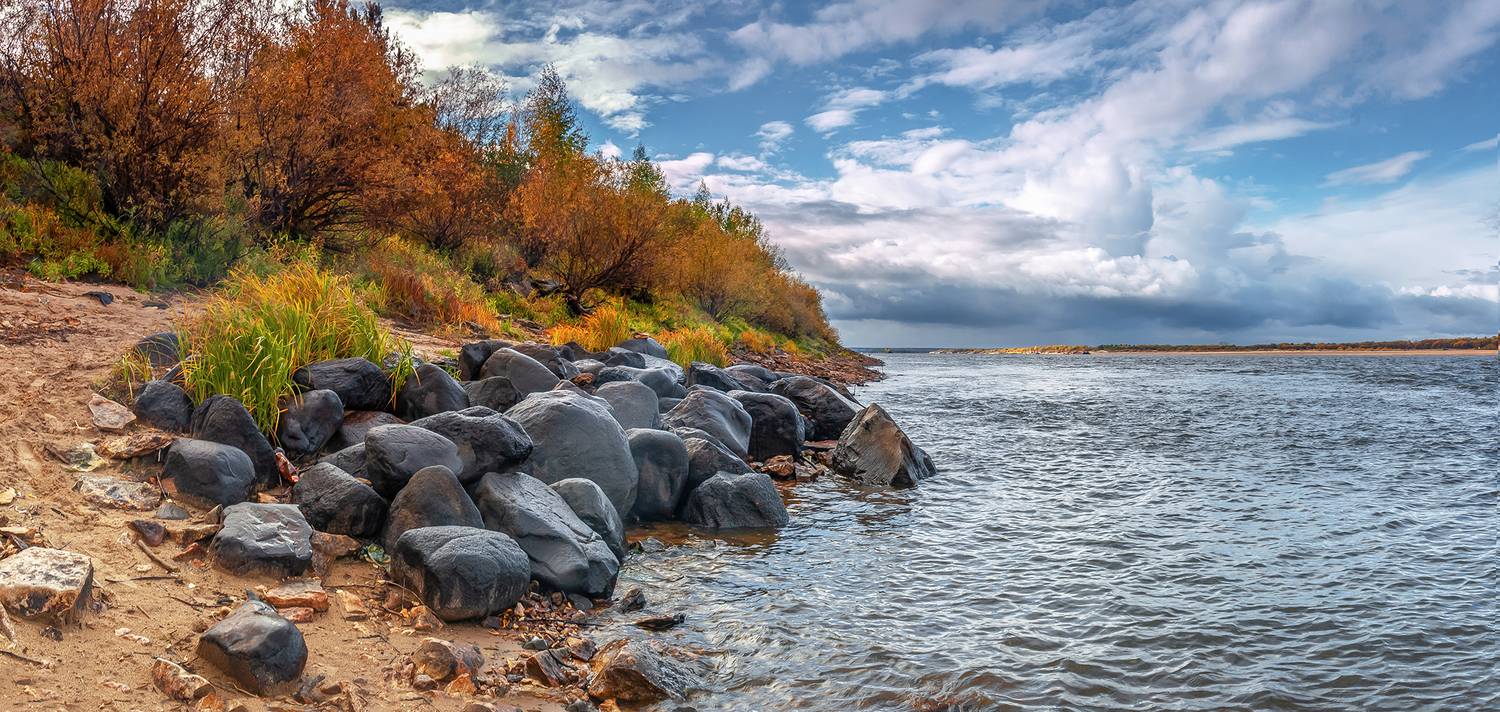 камни, чёрный, берег, река, вычегда, кустарник,, Анкудинов Леонид