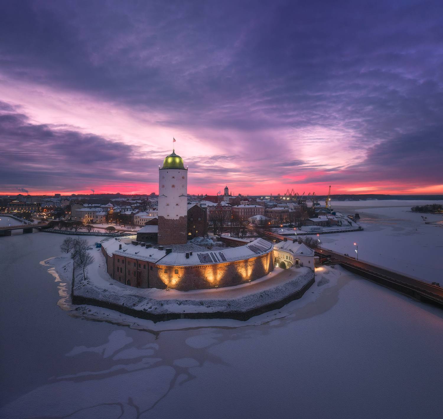 выборг, рассвет, башня, олафа, зима, дрон, Лукс Сергей