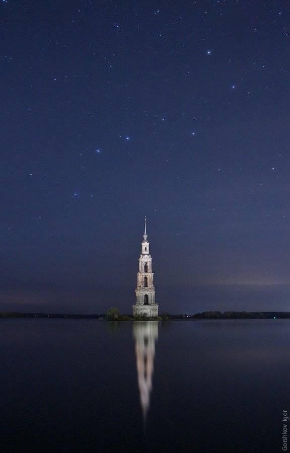 Архитектура, Большая медведица, Волга, Звёздное небо, Звёзды, Калязин, Колокольня, Ночь, Пейзаж, Река, Горшков Игорь