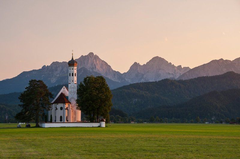 церковь, храм, горы, Альпы, Германия, закат, рассвет, путешествие Вечерне-утренняя фото превью