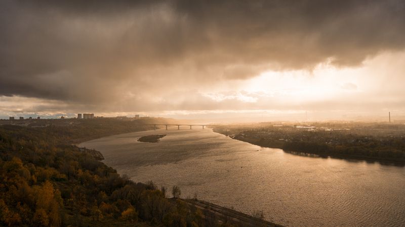 осень река деревья небо Ока фото превью