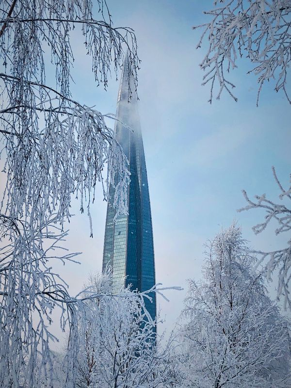 санкт-петербург, парк 300-летия спб, газпром, мороз, башня, иней, Петербургский разговорник: сосуля фото превью