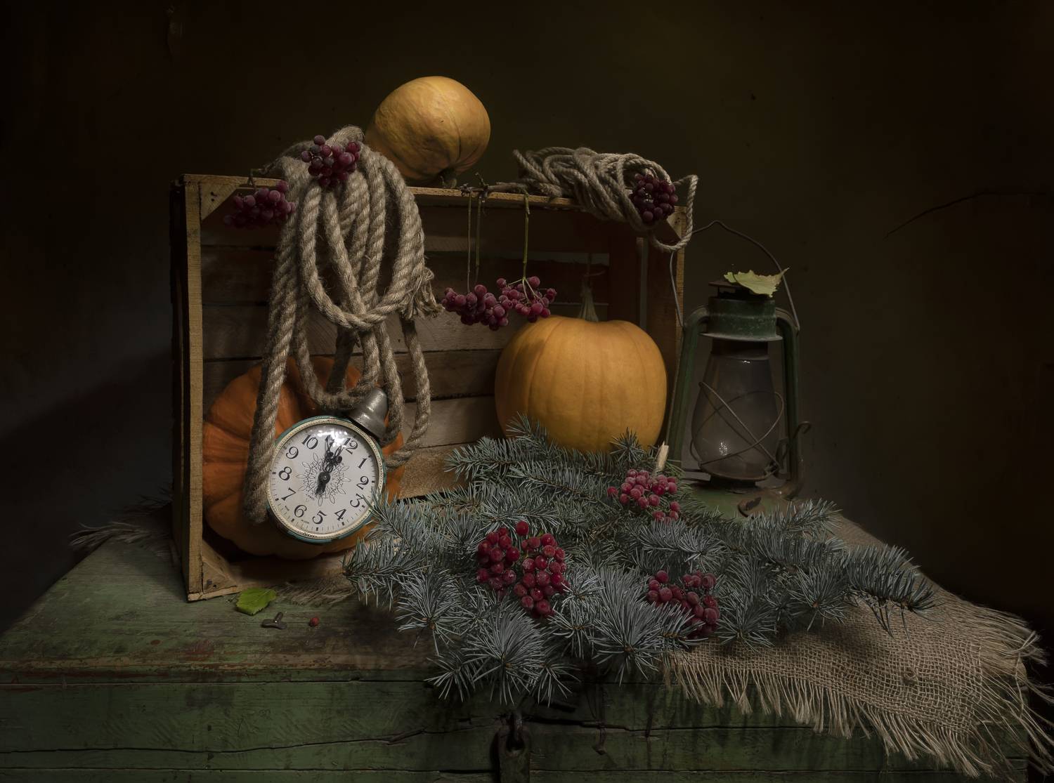 натюрморт. сундук, тыквы, калина, часы, Татьяна Феденкова