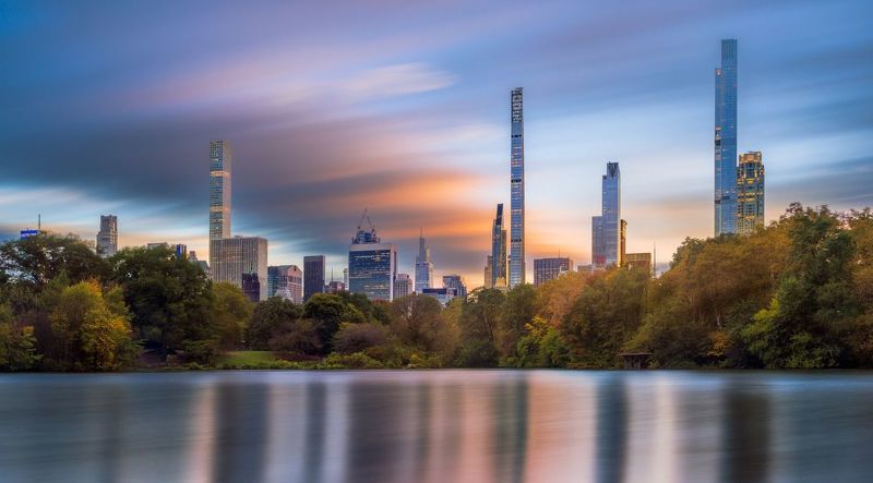 new york, нью йорк, центральный парк, закат, длинная выдержка, осень, central park, autumn, water, reflection, colors, отражение , цвета, город, вечер, city, big apple Central park sunset фото превью