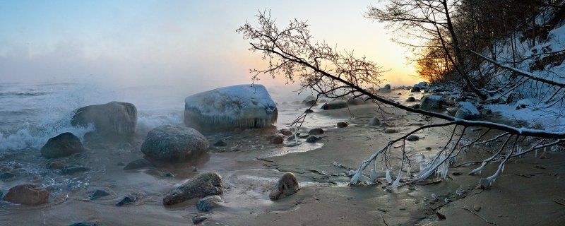 балтийское море, море, зима, камни, пар, рассвет, пейзаж, панорама Утро декабря фото превью