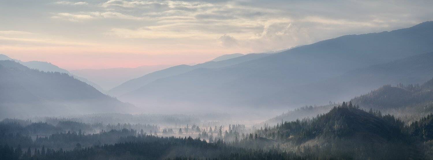 природа, пейзаж, панорама, утро, раннее, туман, долина, река, Джазатор, Алтай, Сибирь, горы, лес, тайга, широкий, высокий, большой, Дмитрий Антипов