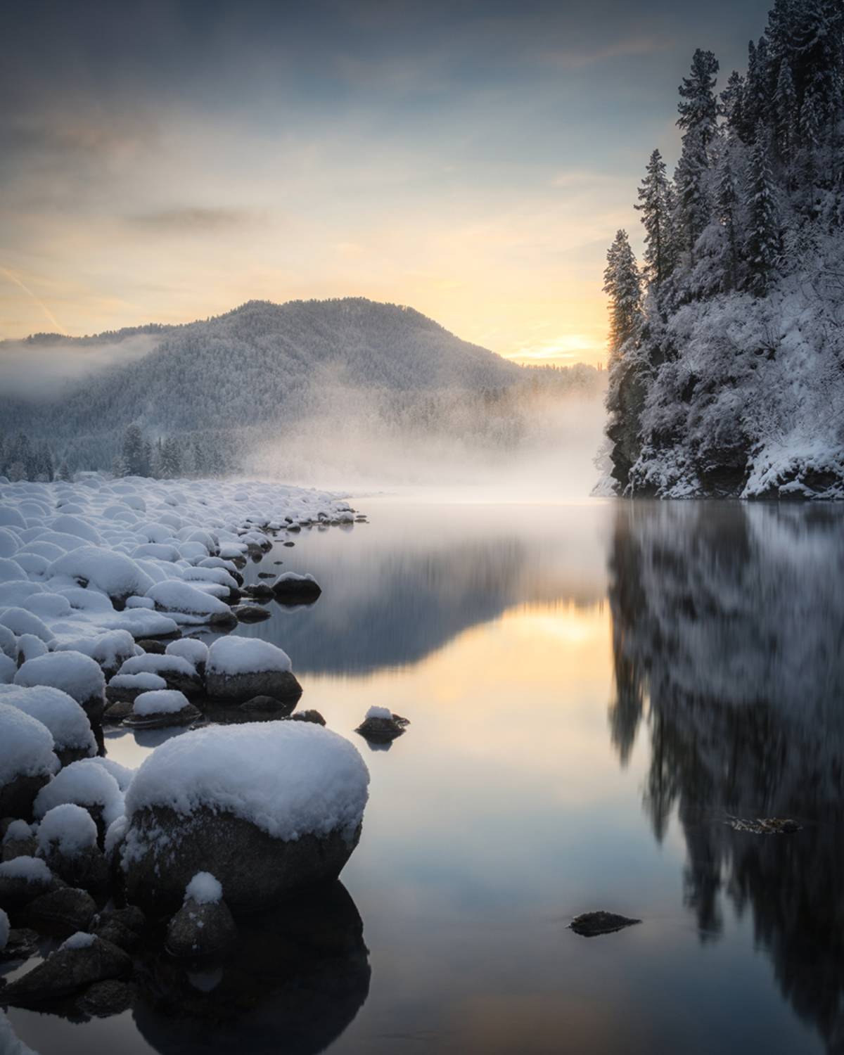 алтай, горный алтай, пейзажи алтая, турочакский район, горная река, бия, зимний алтай, горы, зимний пейзаж, горная тайга, зимнее утро, парящая река, Рубан Алена