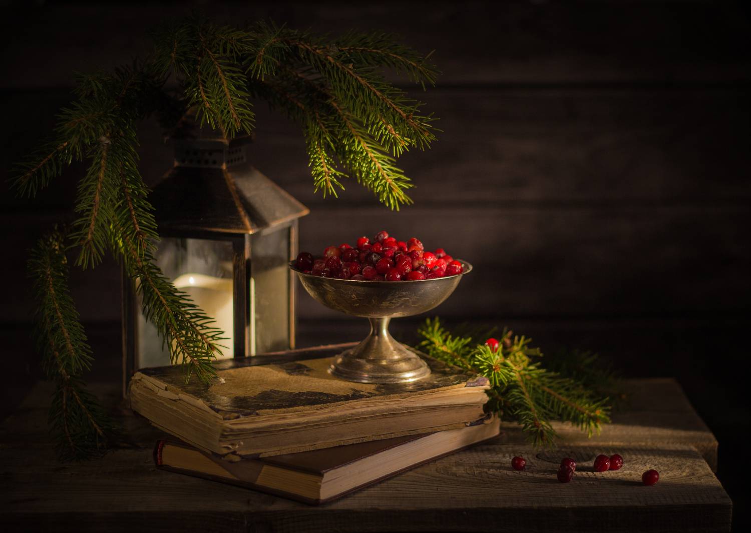 Клюква, фонарь, книги, еловые ветки, ягоды, Хвойнова Елена
