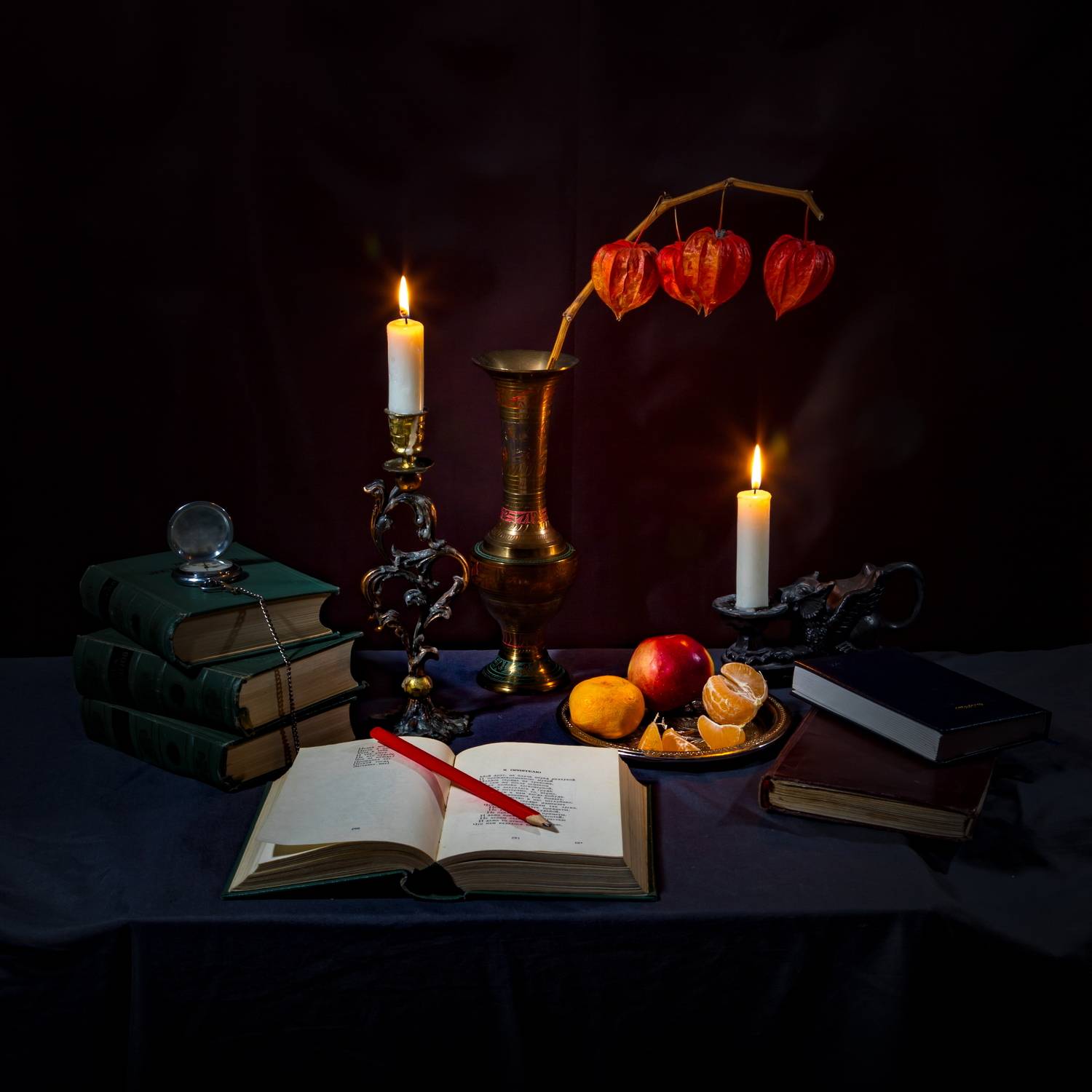 свечи, книги, фрукты, натюрморт, Юрий Морозов