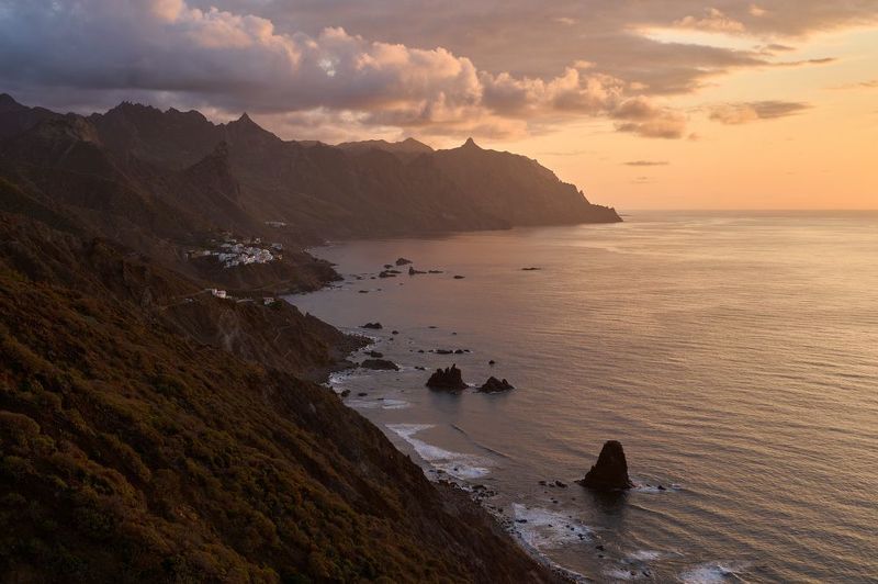 sunset,mountains,tenerife,beach,town,small,cloud  фото превью