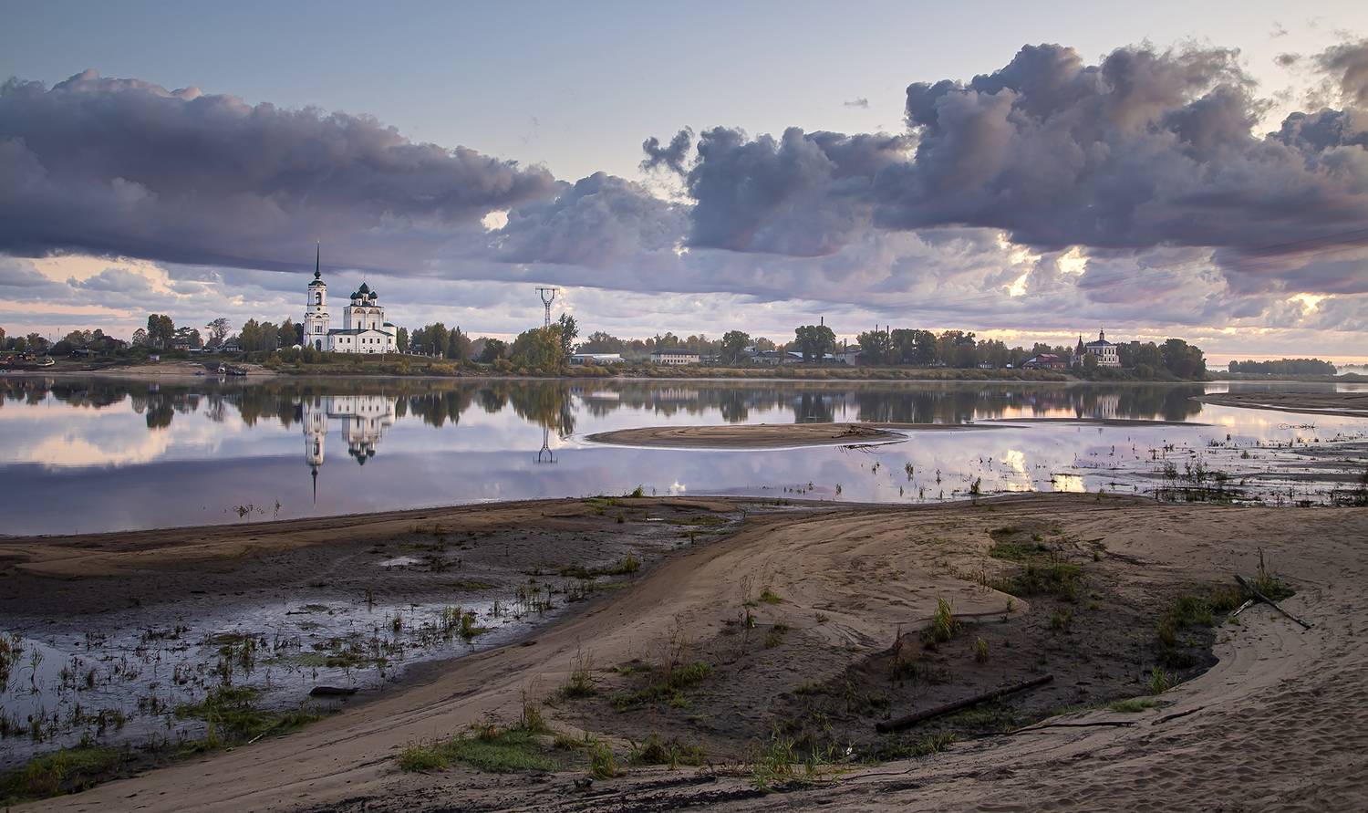 утро, берег, вычегда, сольвычегодск, небо, отражение., Анкудинов Леонид