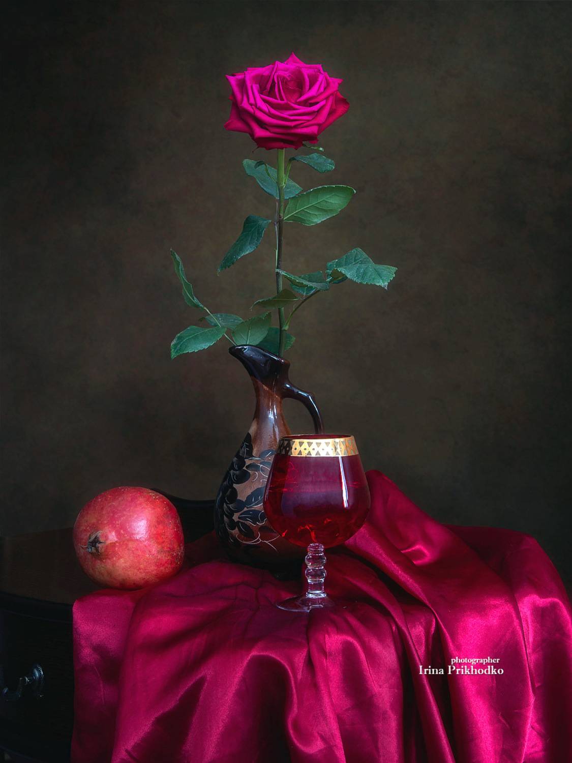 натюрморт, цветы, роза, фрукты, вино, Приходько Ирина