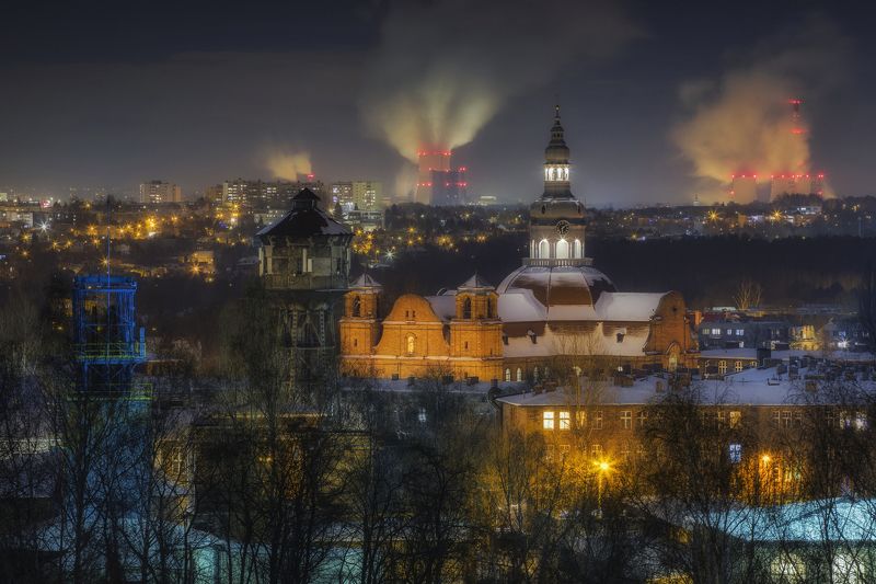 Landscape, Photography, Architecture, Katowice, City, Travel, Night, Church, Cityscape, Town, Old, Nikiszowiec, Landscape, Tower, Snow, Frost, Winter The view from my window фото превью