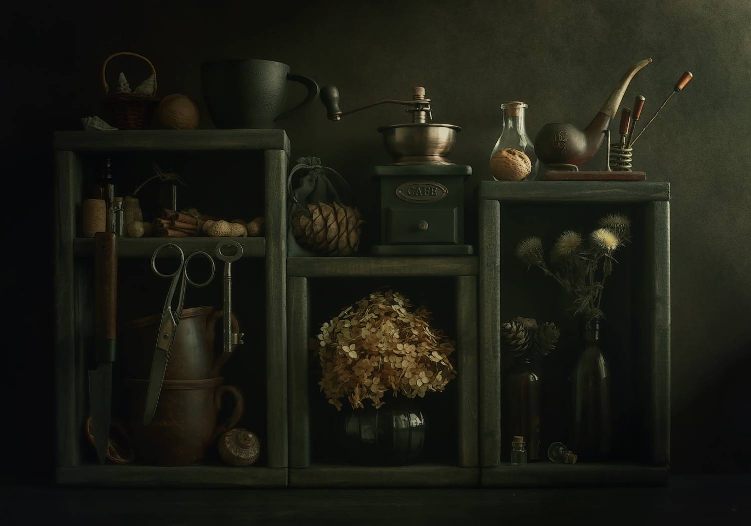 кухонная утварь, винтажные полки, полки, деревянные, нож, курительная трубка, ваза, сухоцветы, цветы, ракушка, чашка, предметы, старые вещи, ножницы, ключ, кофемолка, кофе, сосновые шишки, натюрморт, старые, полки,kitchen utensils, vintage shelves, shelve, Стасов Виталий