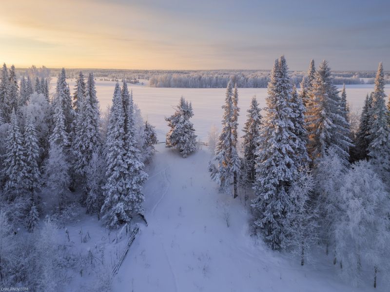 пейзаж, зима, снег, лес, деревья, landscape, woodland, winter, snow, sunset, мороз, коми, закат, frozen, komi, иней, дрон, аэрофотография, drone Зимний вечер на окраине села фото превью