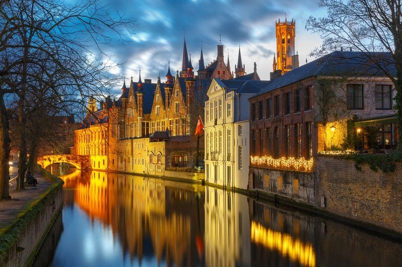 бельгия, брюгге, groenerei, green canal, belfort, belfry, bruges, brugge, tower, landmark, cityscape, sunset, night, medieval, belgium, belgian, europe, european, Сказочный Брюгге фото превью
