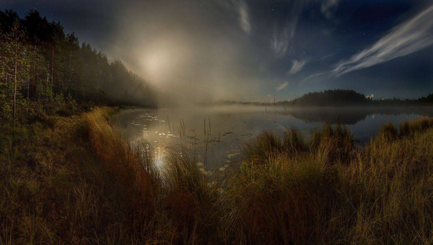 Берег, Луна, Ночь, Озеро, Полнолунье, Лашков Фёдор