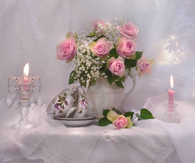 still life, натюрморт, фото натюрморт, зима, январь,  праздник, свечи, подсвечник, настроение, день рождения, розы, фарфор ...букет из роз на День рождения... фото превью