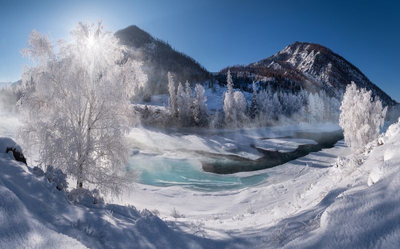 алтай, горный алтай, пейзажи алтая, онгудайский район, горная река, чуя, зимний пейзаж, горы, зимний алтай, морозное утро, зима, мороз Чуйская зимняя открытка фото превью