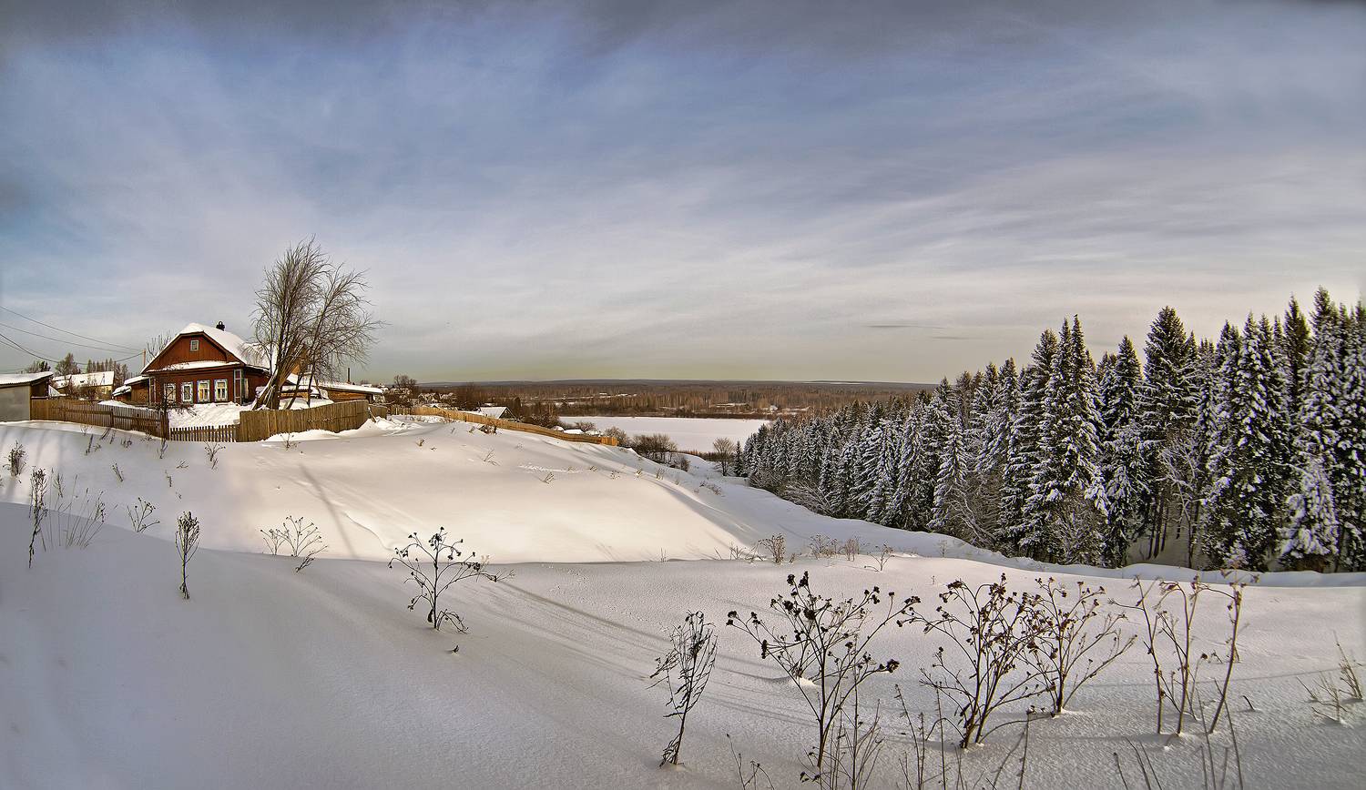 природа, зима, пейзаж, снег, лес, деревня, Широких Александр