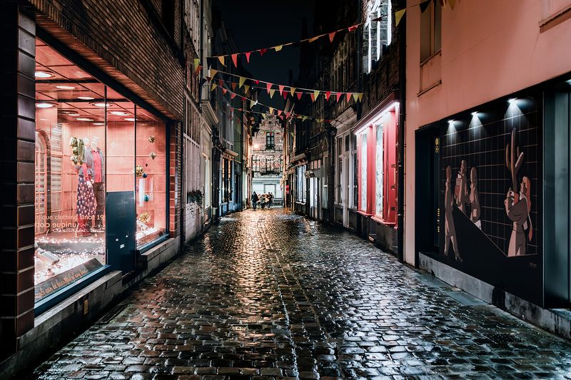 город, гент, улица, бельгия, тротуар, отражения, дождь, ночь II фото превью