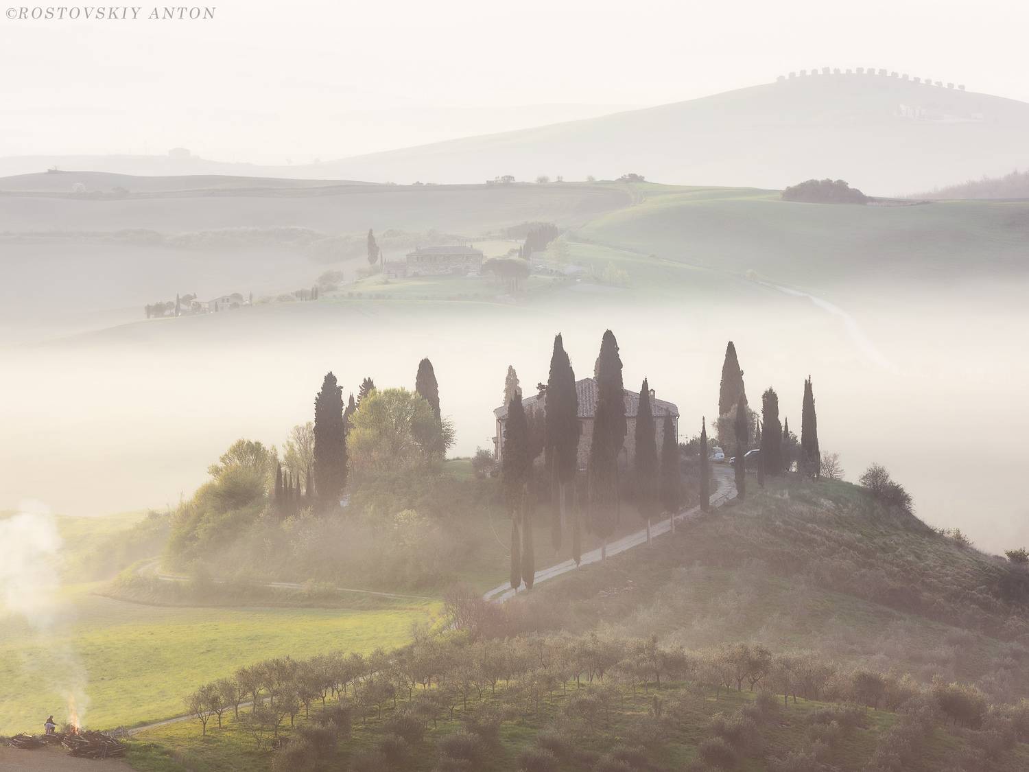 Тоскана, пейзаж, туман, утро, рассвет, Антон Ростовский