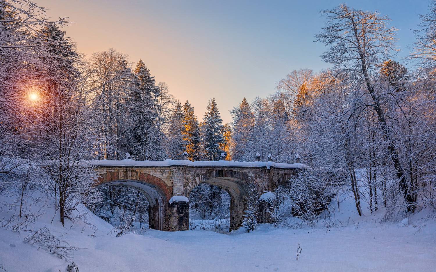 зима, снег, вечер, закат, усадьба, солнце, Виктор Климкин