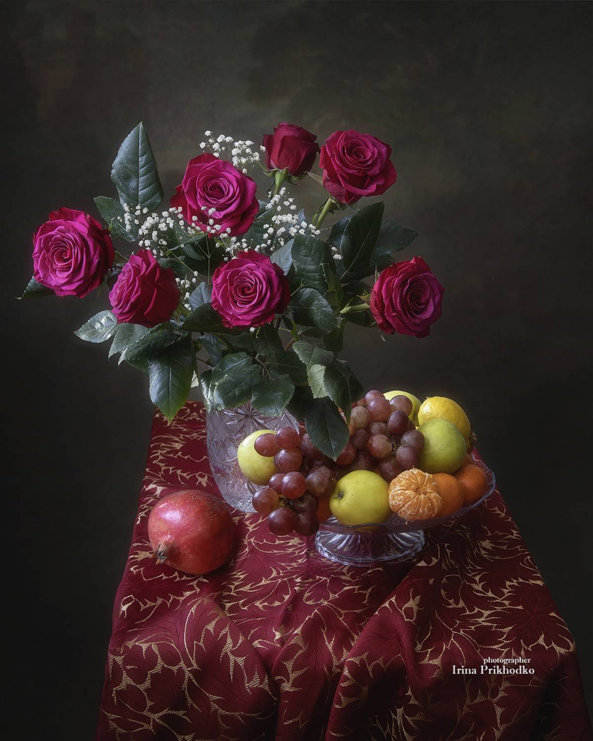 натюрморт, фрукты, букет, цветы, розы, Приходько Ирина