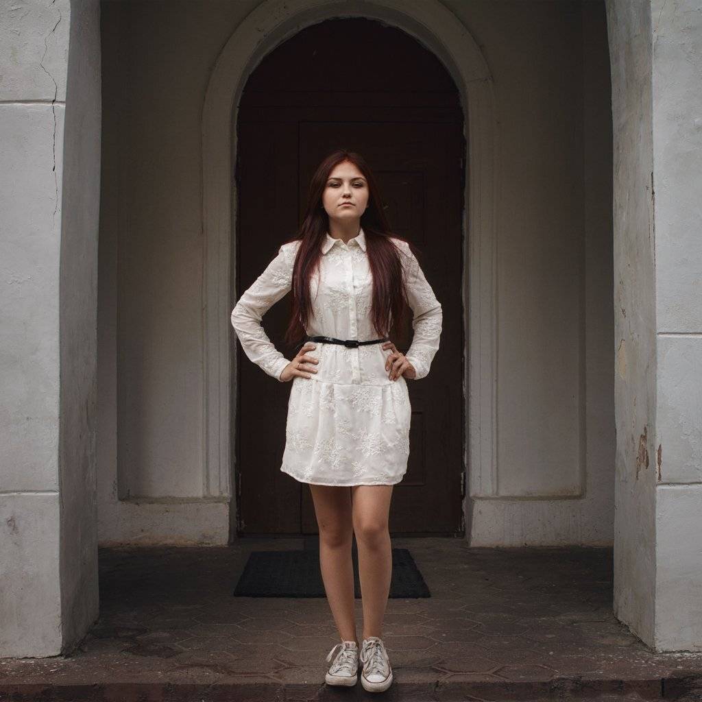 dress,girl,ivankopchenov,natural light,outdoor,portrait,иванкопченов,портрет,портрет девушки,здание,арка,дверь,стена,дом,кеды,платье,лето, Иван Копченов