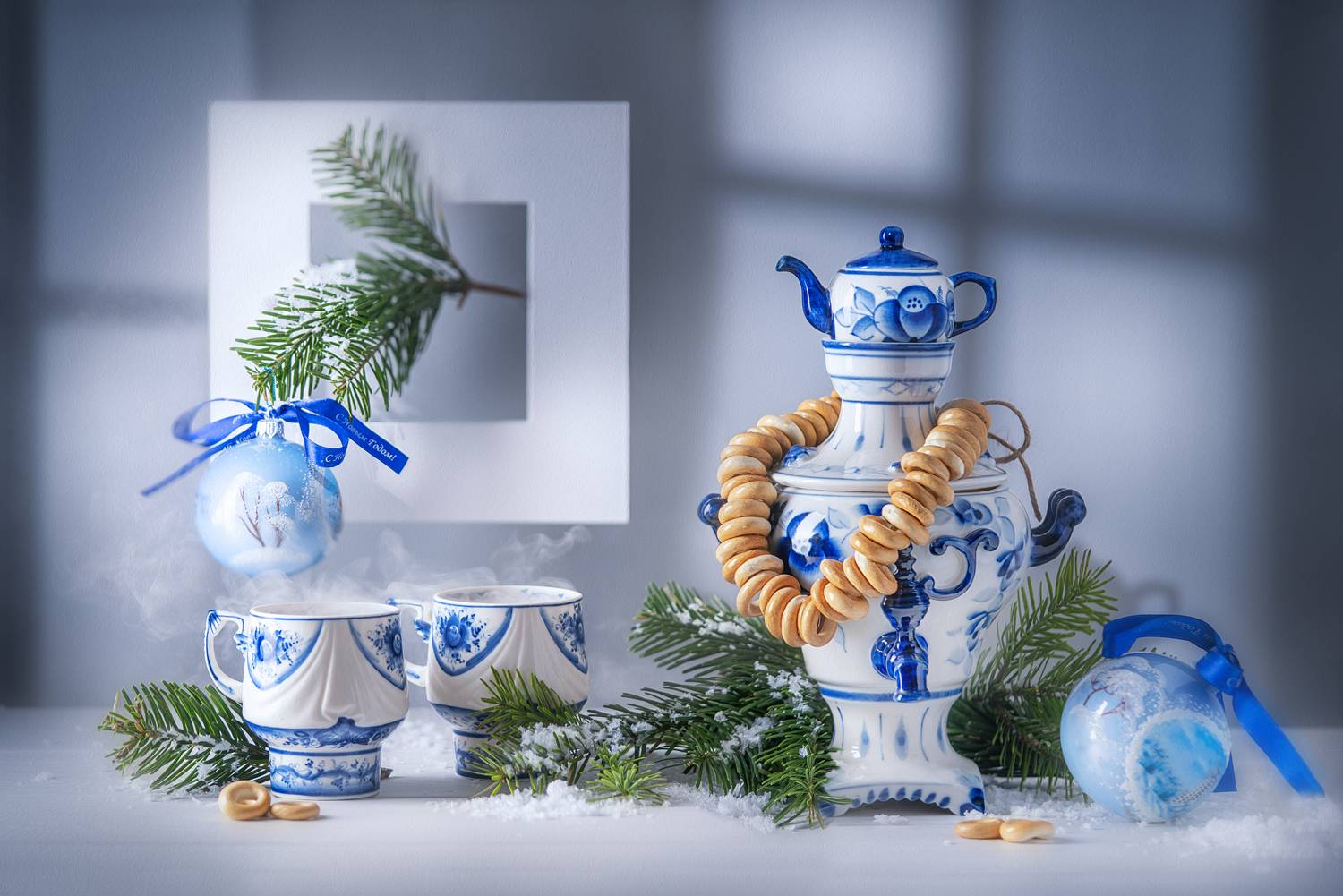 самовар, баранки, зима, чай, гжель, ЯR Ольга