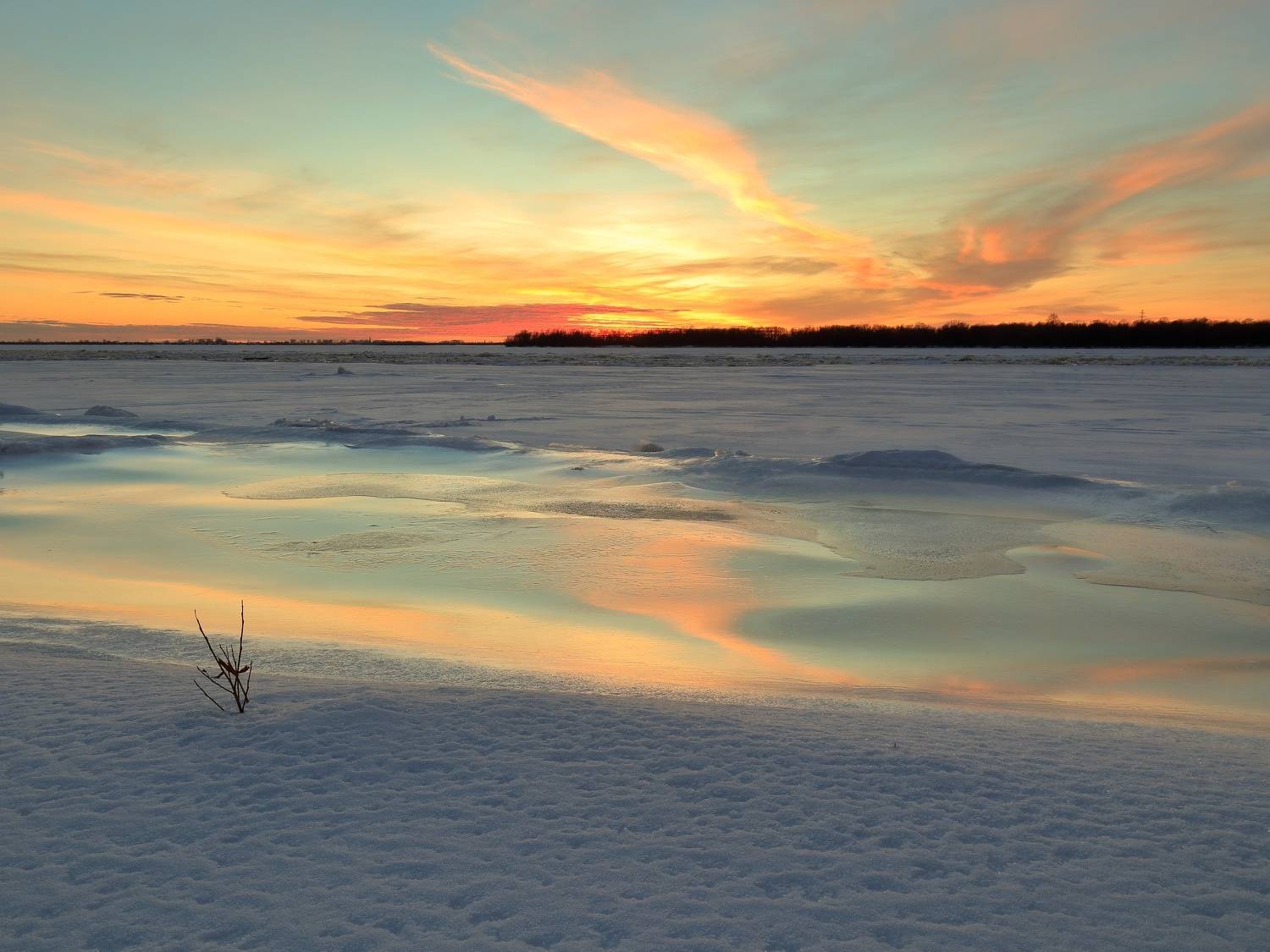 природа, вечер, закат, свет, река, снег, Титов Александр