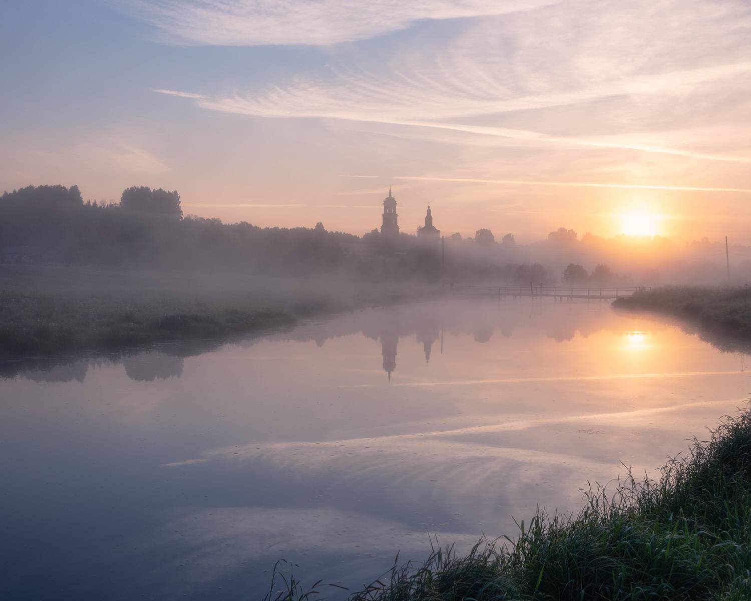 июнь рассвет село туман река церковь, Архипкин Александр