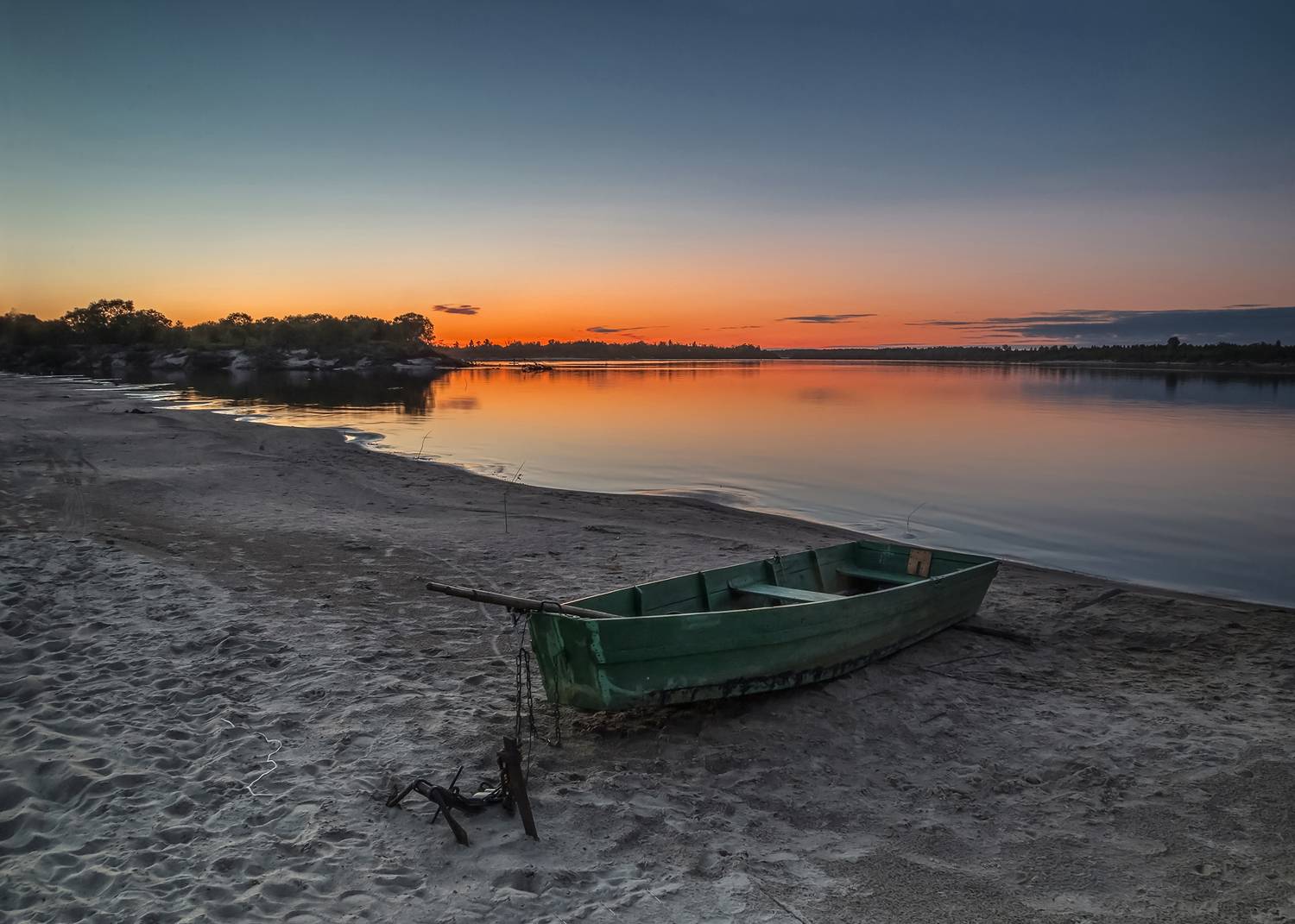ночь, лодка, река, закат, восход, берег, песок., Анкудинов Леонид