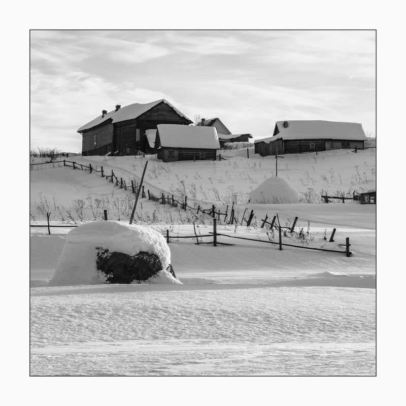 зима снег иней мороз сугробы деревья кусты деревня забор собака стог стожки дома Зимние зарисовки фото превью