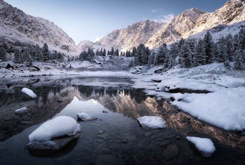 алтай, горный алтай, пейзажи алтая, устькоксинский район, горное озеро, снежная осень, горы, осенний алтай, куйгук, мультинские озера, предзимье, зазеркалье Предзимнее зазеркалье фото превью