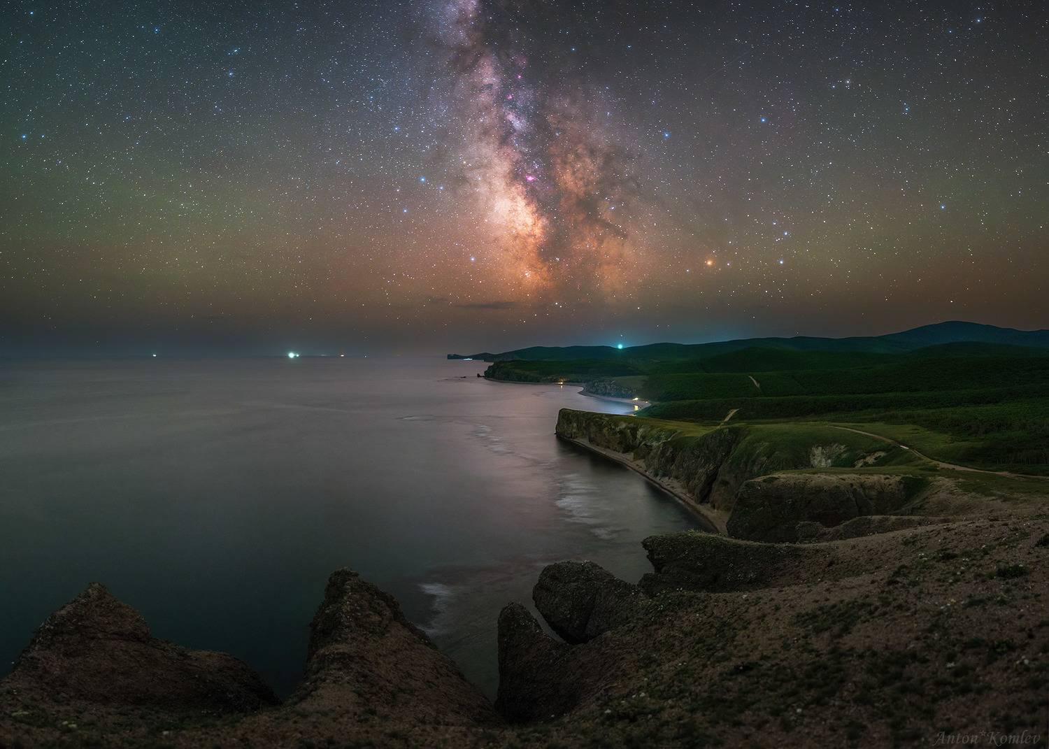 ночь, побережье, море, звезды, млечный путь, Комлев Антон
