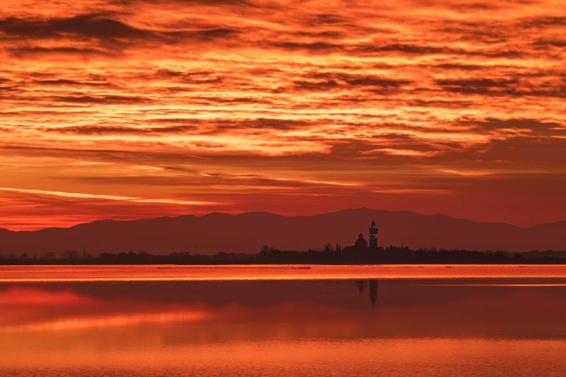 seascape, sea, sunrise, fire, orange, church, island, italy Fiery Morning at the Sea фото превью