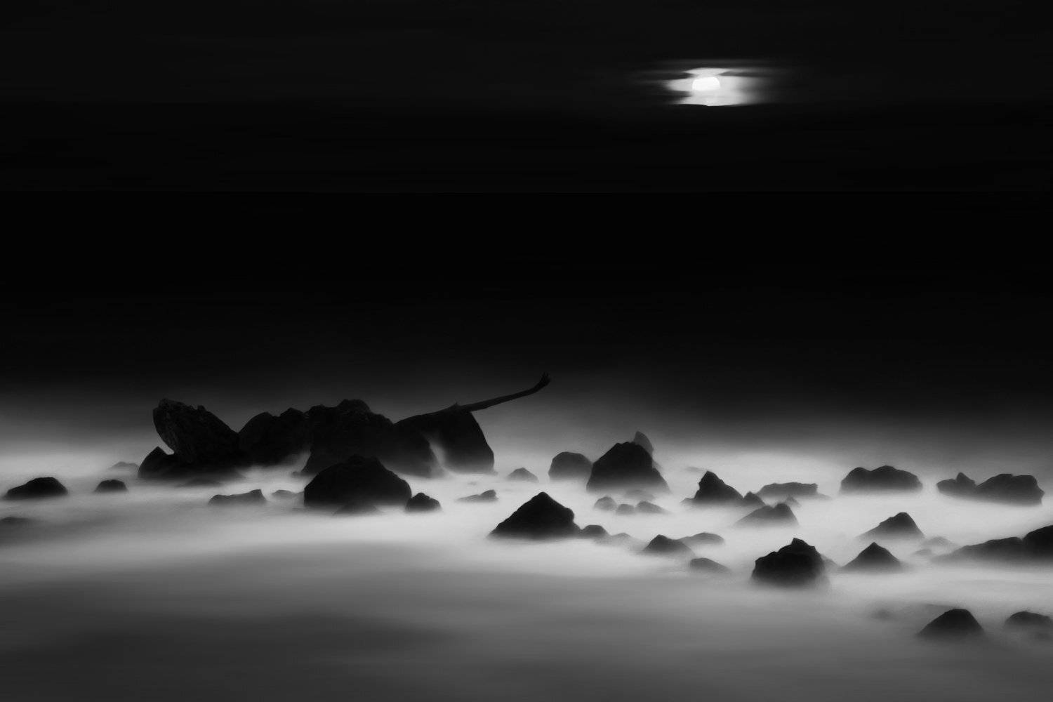Вечер, Вода, Волны, Камни, Кипение, Луна, Море, Пейзаж, Полнолуние, Скалы, ALLA SOKOLOVA