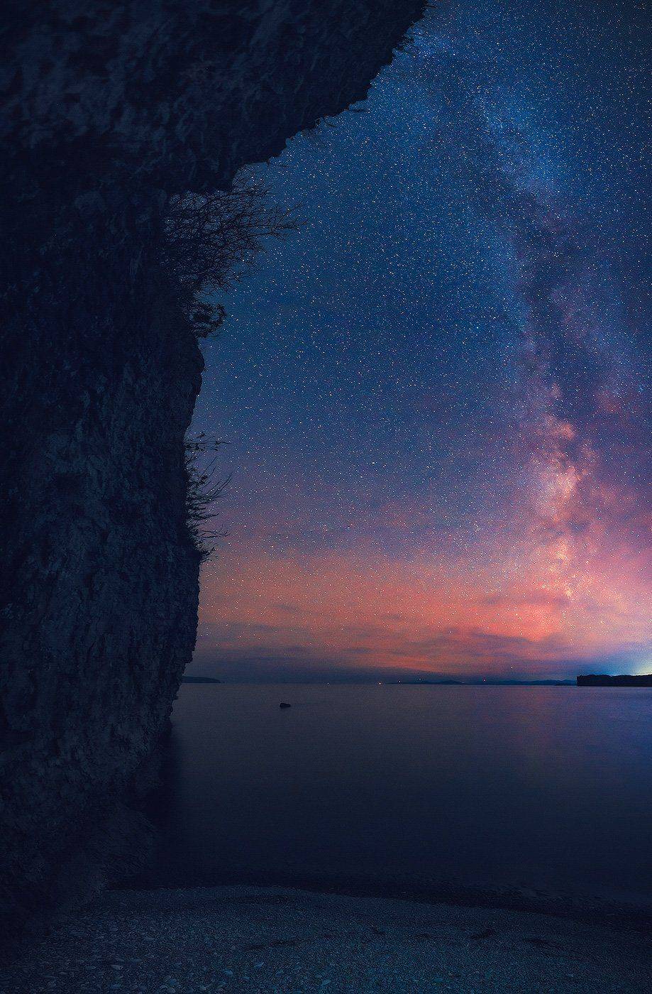 Звёзды, Млечный путь, Море, Ночь, Скала, Андрей Кровлин